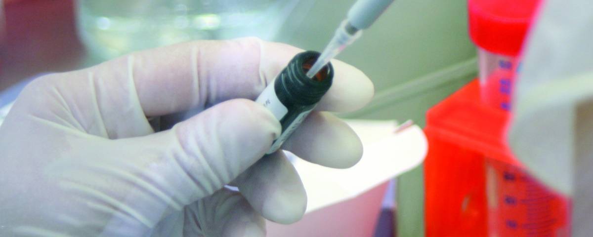 Eine Hand mit Gummihandschuh hält ein Glasfläschchen mit einer Kanüle darin